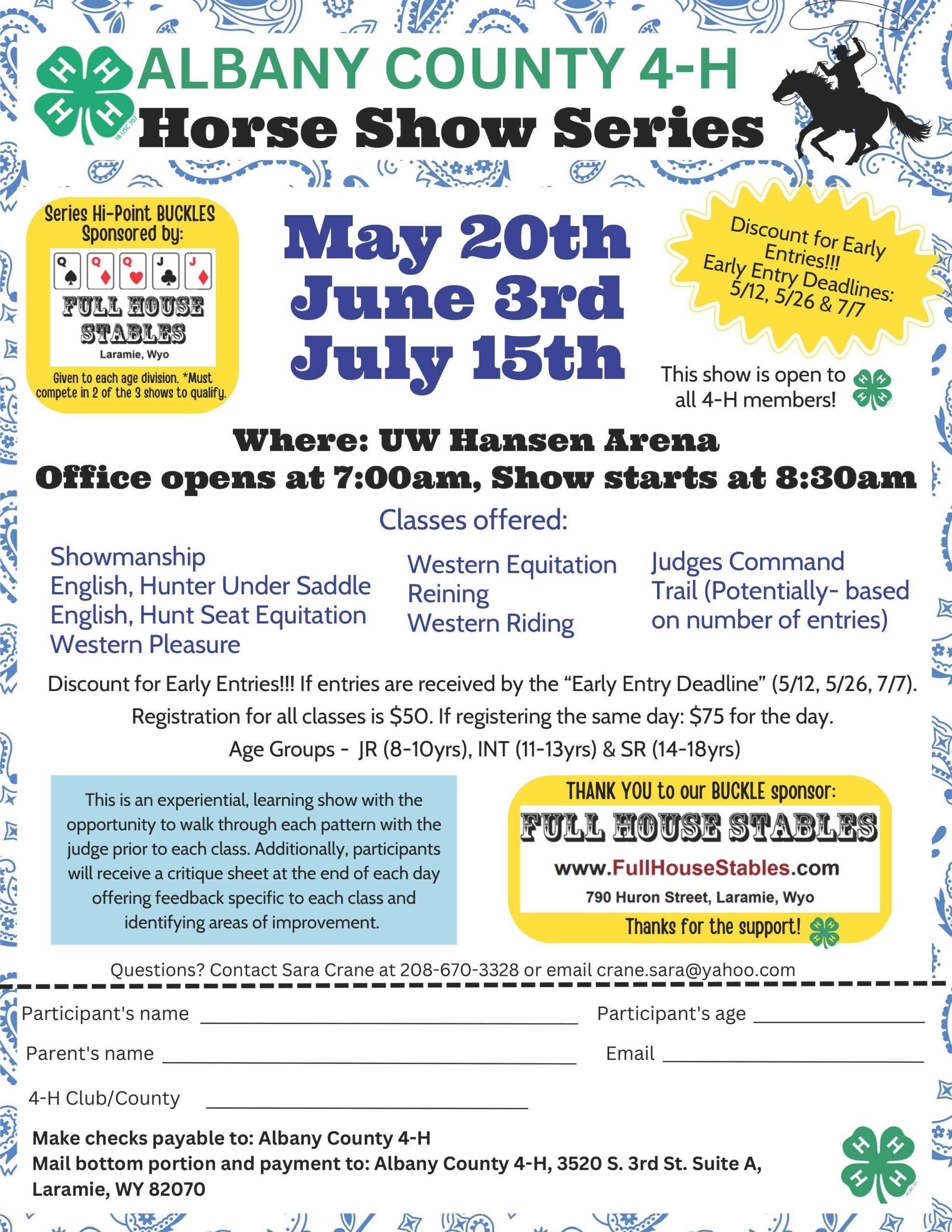 Albany County 4-H Horse Show Series registration and information flyer.