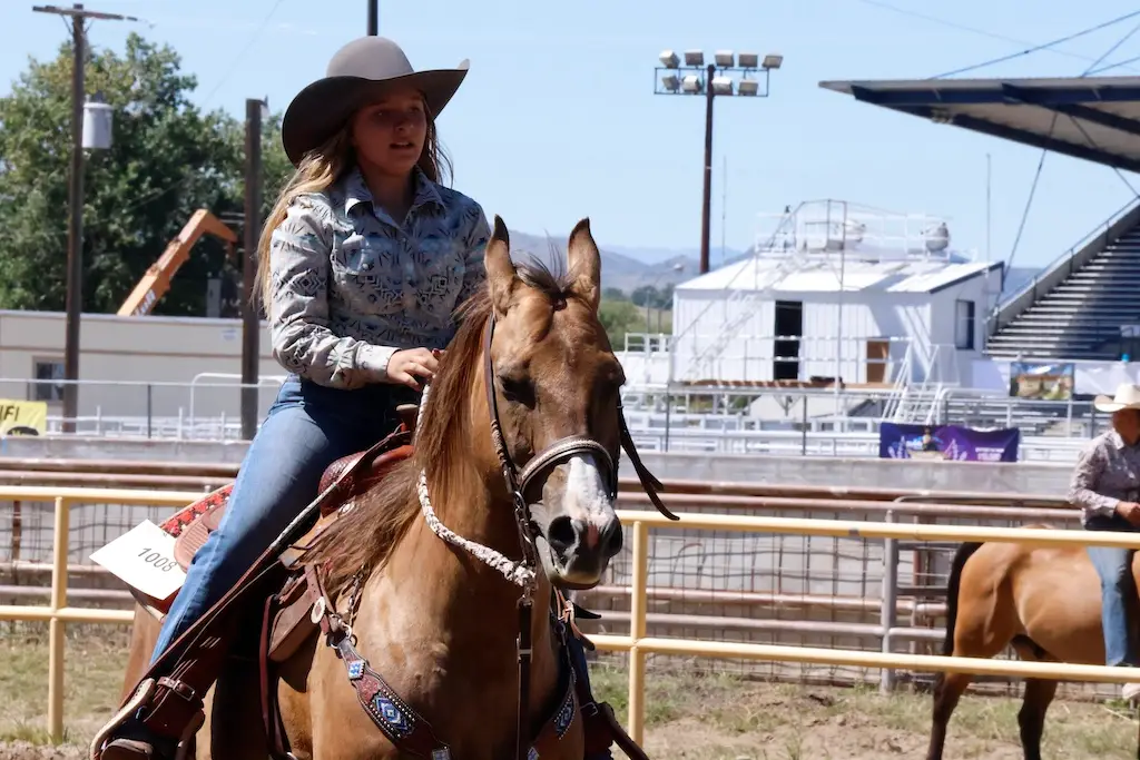 a child rides a horse during a competition in an arena