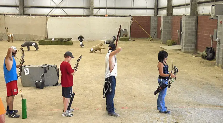four young people stand in a line with bows drawn shooting at 3-D animal targets