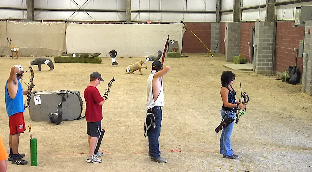 four young people stand in a line with bows drawn shooting at 3-D animal targets