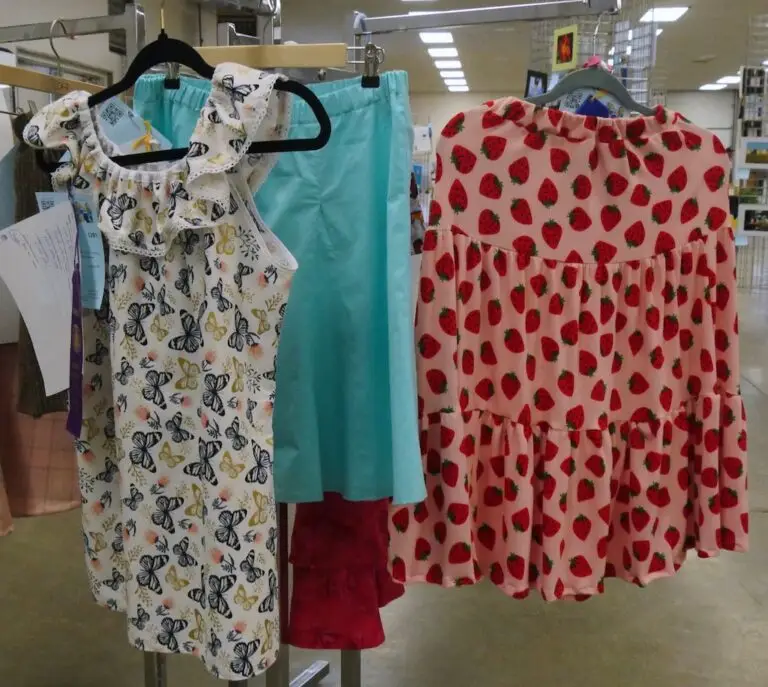 articles of clothing hang on a rack at fair including a long sleeve shirt with a strawberry pattern and a short sleeve blouse with a butterfly pattern