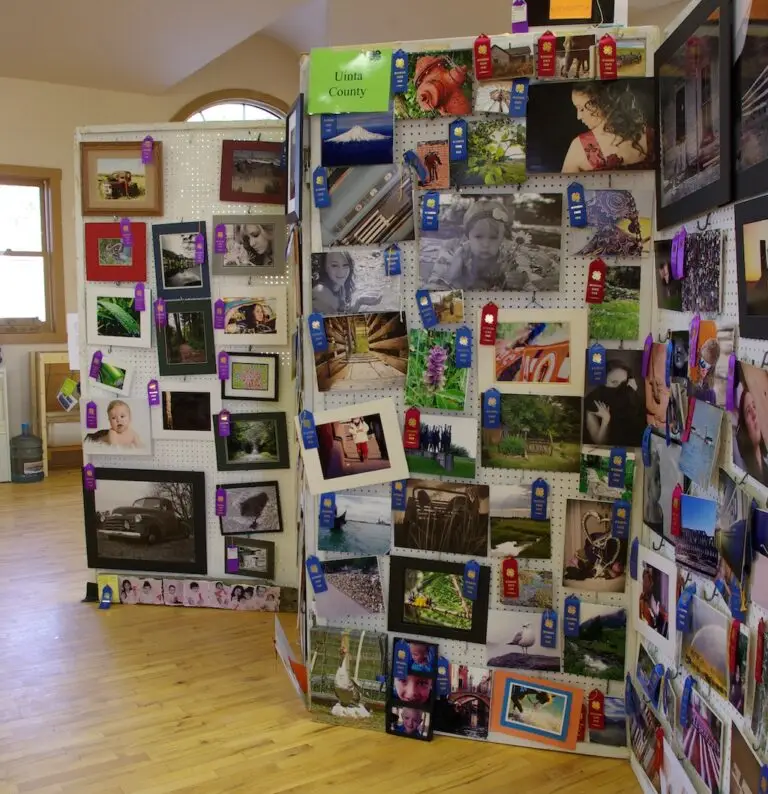a wall of many photographs on display at a fair