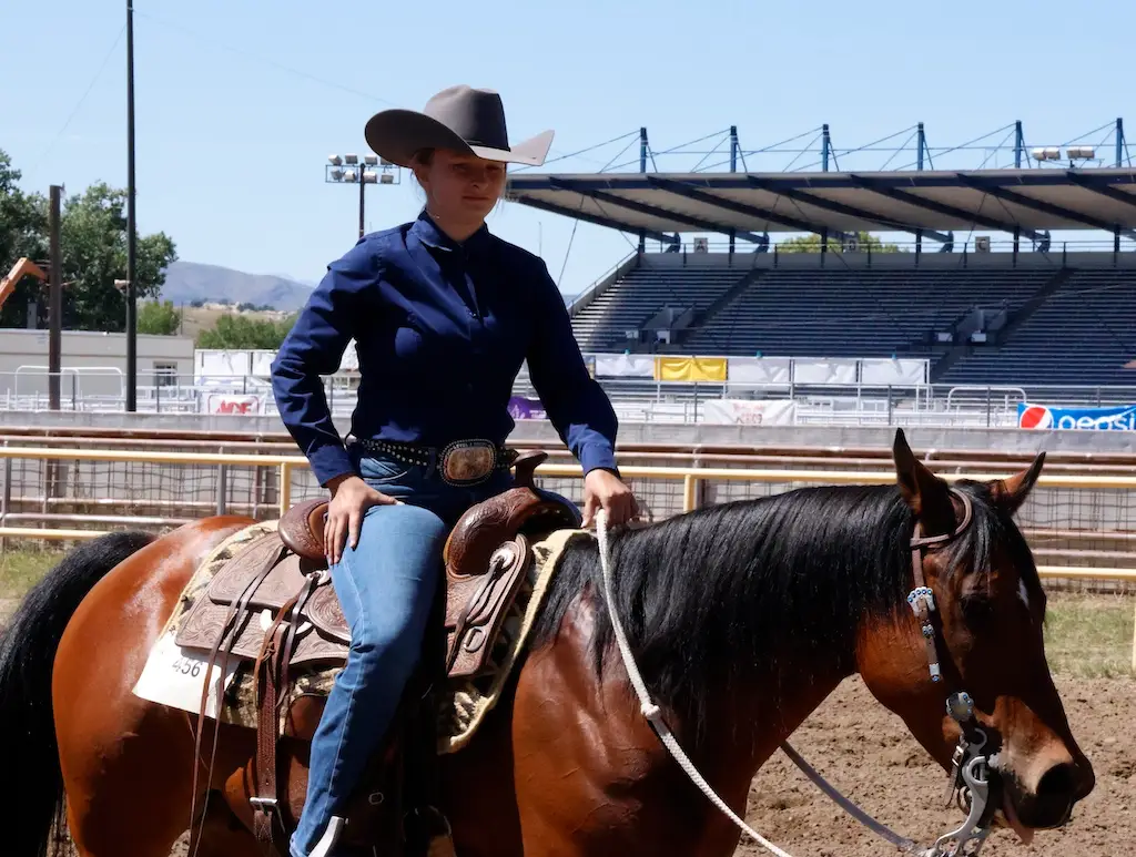a girl in a blue shirt sits on a brown horse in an arena
