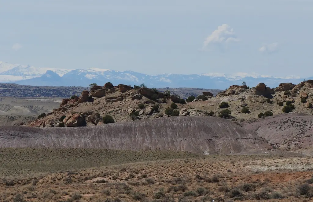 a landscape with shrubs in the foreground, purple eroded hills and broken rock in the middle and snow covered mountains in the distance