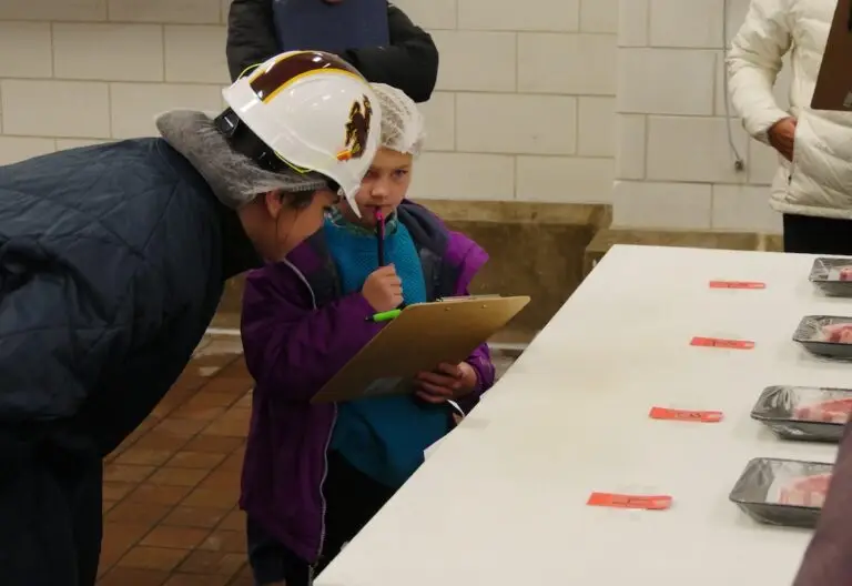 an adult in a a hardhat leans over to talk to a young person holding a pencil and clip board. In front of them is a white table with samples of meat in packages with numbers in front of each.