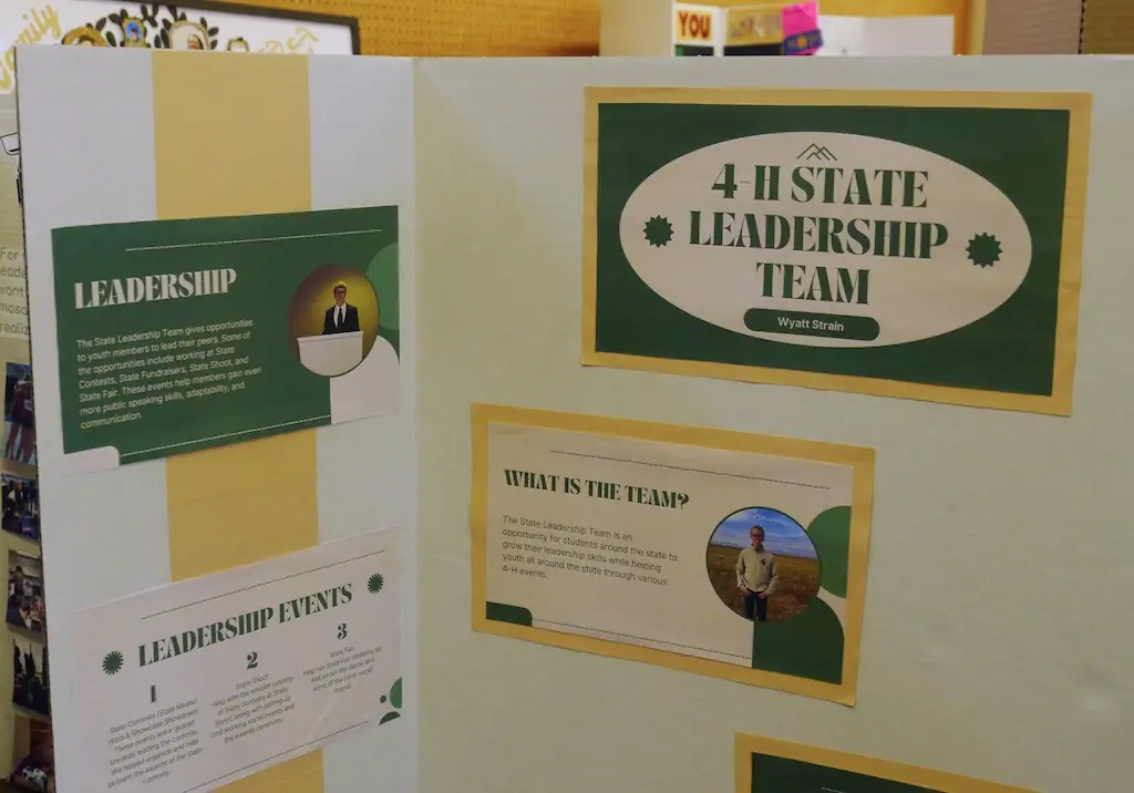a poster explaining the 4-H state leadership team is on display at fair