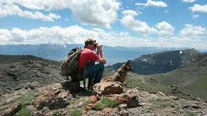 Man looking through binoculars with dog